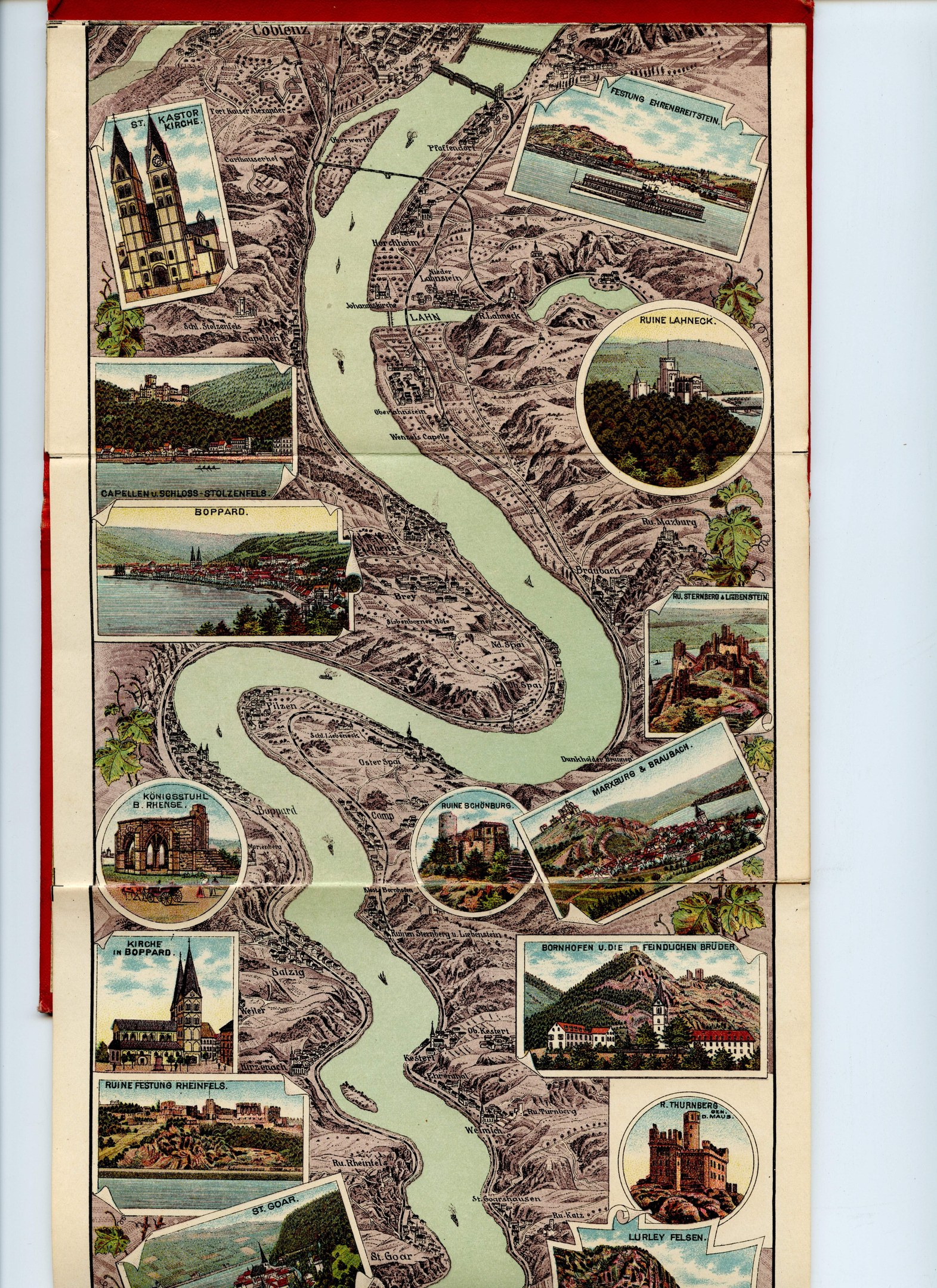 Alte Karte des Rheins in Deutschland in einem Foto Rahmen umgeben von Illustrationen von Gebäuden, Bäumen und Wasser.