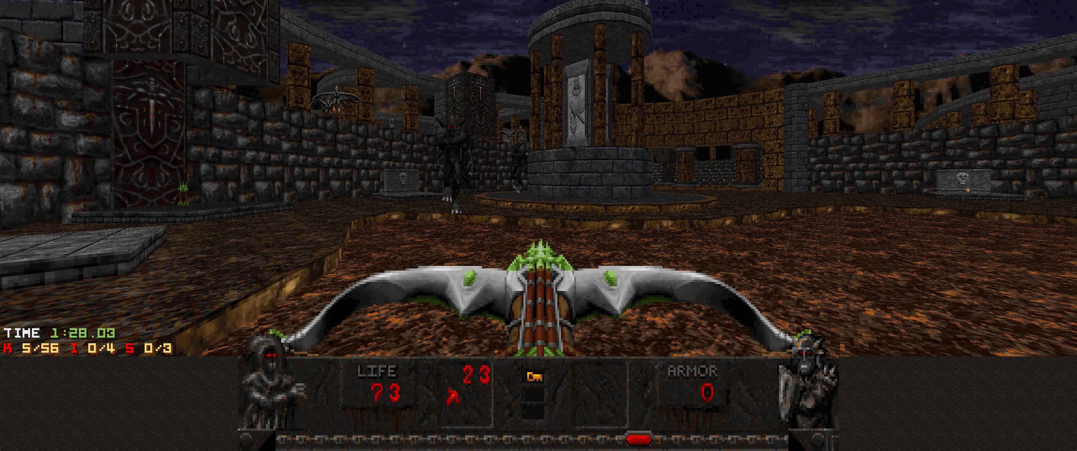 Ein Dungeon in *Dungeon Master II* mit einem Drachen in der Mitte, umgeben von Wänden, Säulen und Gegenständen, mit spielbezogenen Text und Zahlen unten.