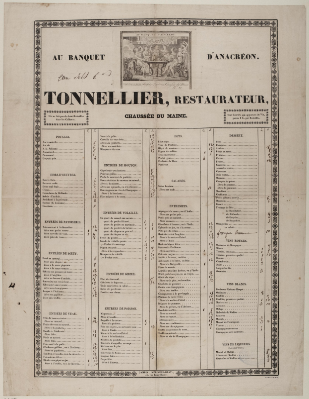 Ein altes Buch mit einer Restaurant Speisekarte, das Text und ein Bild enthält, das die Angebote des Restaurants beschreibt.