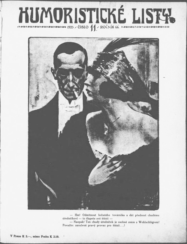 Schwarz-weißes Magazin-Cover mit der Aufschrift 'Humoristische Liste', das einen Mann in Anzug mit ernster Miene und eine Frau zeigt, die wegschaut und leicht schmunzelt.