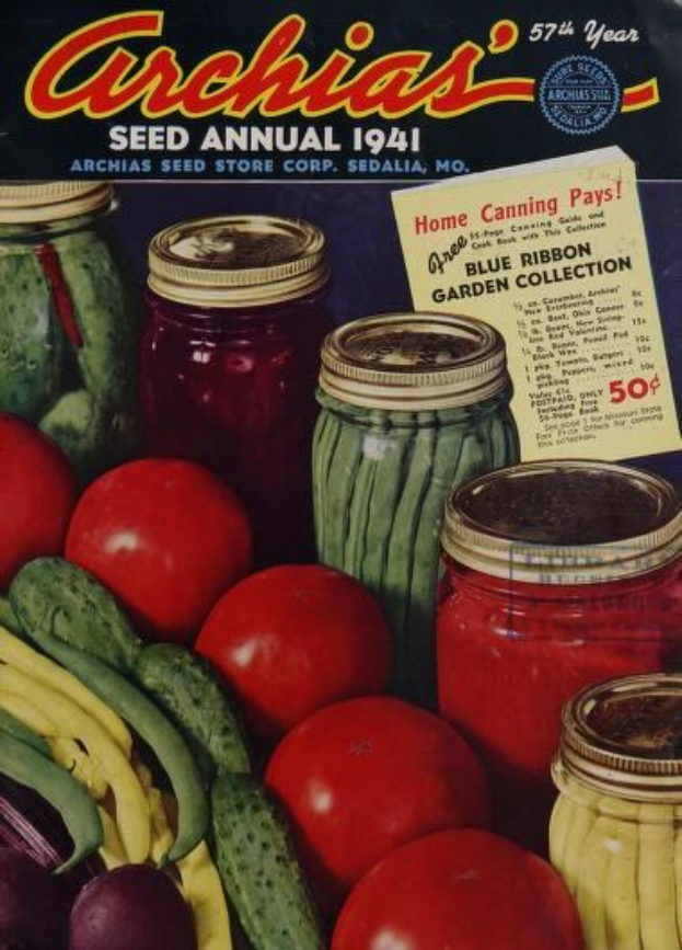Ein Buch mit dem Titel "Archias Saatgut-Jahrbuch 1941", das ein Cover mit Tomaten, Gurken, Paprika und Gläser mit farbenfrohen Gemüsen zeigt, mit fetter Schrift, die den Inhalt beschreibt.