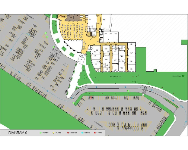 Fluchtplan einer neuen Entwicklung in San Antonio, Texas, der Straßen, Gebäude und Sehenswürdigkeiten zeigt.