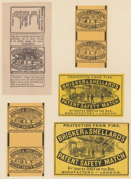 Papier mit mehreren kleineren Papieren daran befestigt, jedes mit dem Text "Brisker & Shellard's Patent Safety Match".