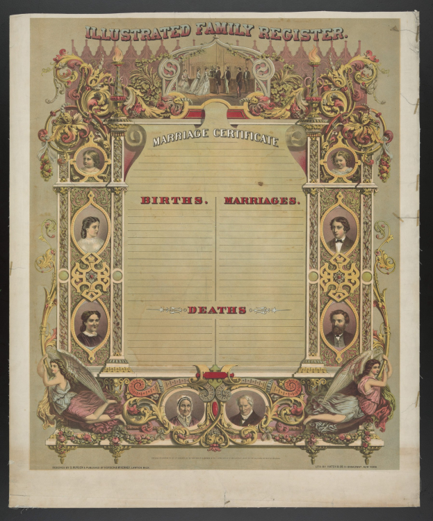 Illustrierter Familienstammbuch-Hochzeitsurkunde mit schwarzem Hintergrund, mit Bildern von Menschen und Text, der "Geburten, Hochzeiten, Tode" liest.