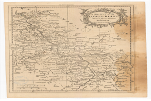 Ein altes Detailkarte des Niederrheins mit geografischen Merkmalen wie Flüssen, Bergen und Städten, mit Text in einer klassischen Schriftart.