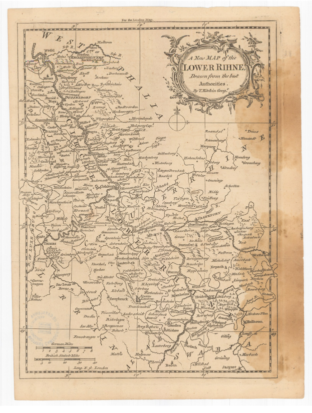 Ein altes Detailkarte des Niederrheins mit geografischen Merkmalen wie Flüssen, Bergen und Städten, mit Text in einer klassischen Schriftart.