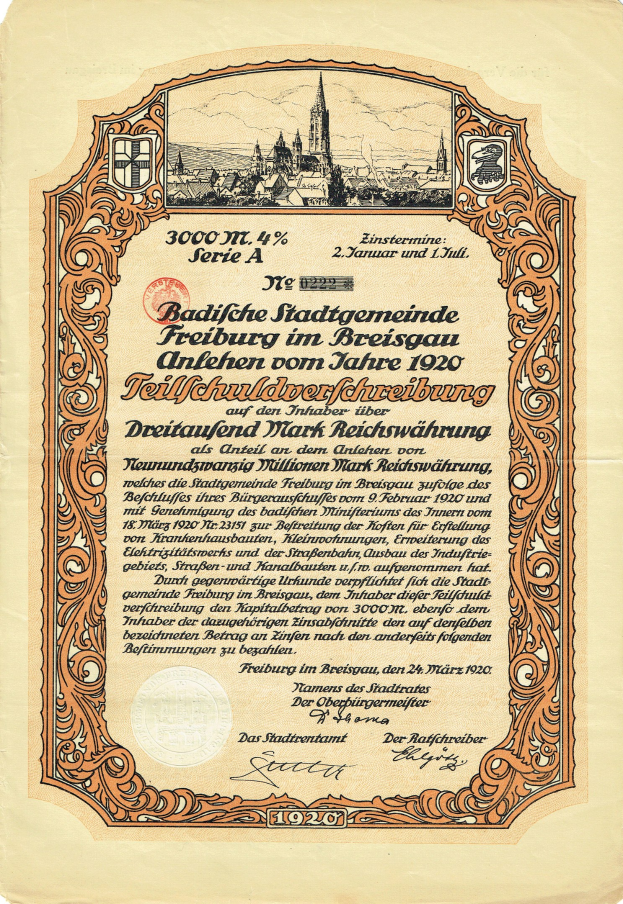 Altes deutsches Aktienzertifikat mit einer Stadtansicht-Illustration und gedrucktem Text, der Aktieninformationen angibt.