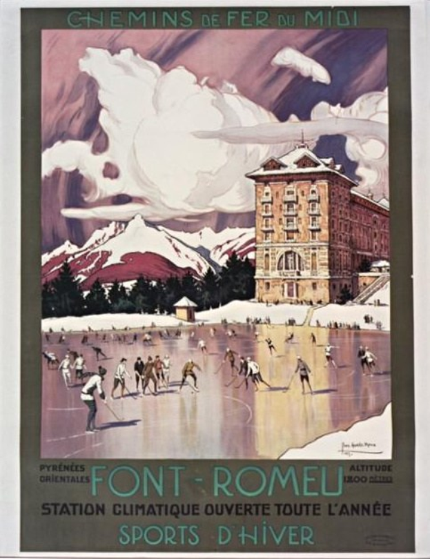 Plakat, das einen Skiort in den französischen Alpen bewirbt, zeigt Menschen, die vor einem Gebäude mit Bäumen und Bergen Schlittschuh laufen, einschließlich Text.