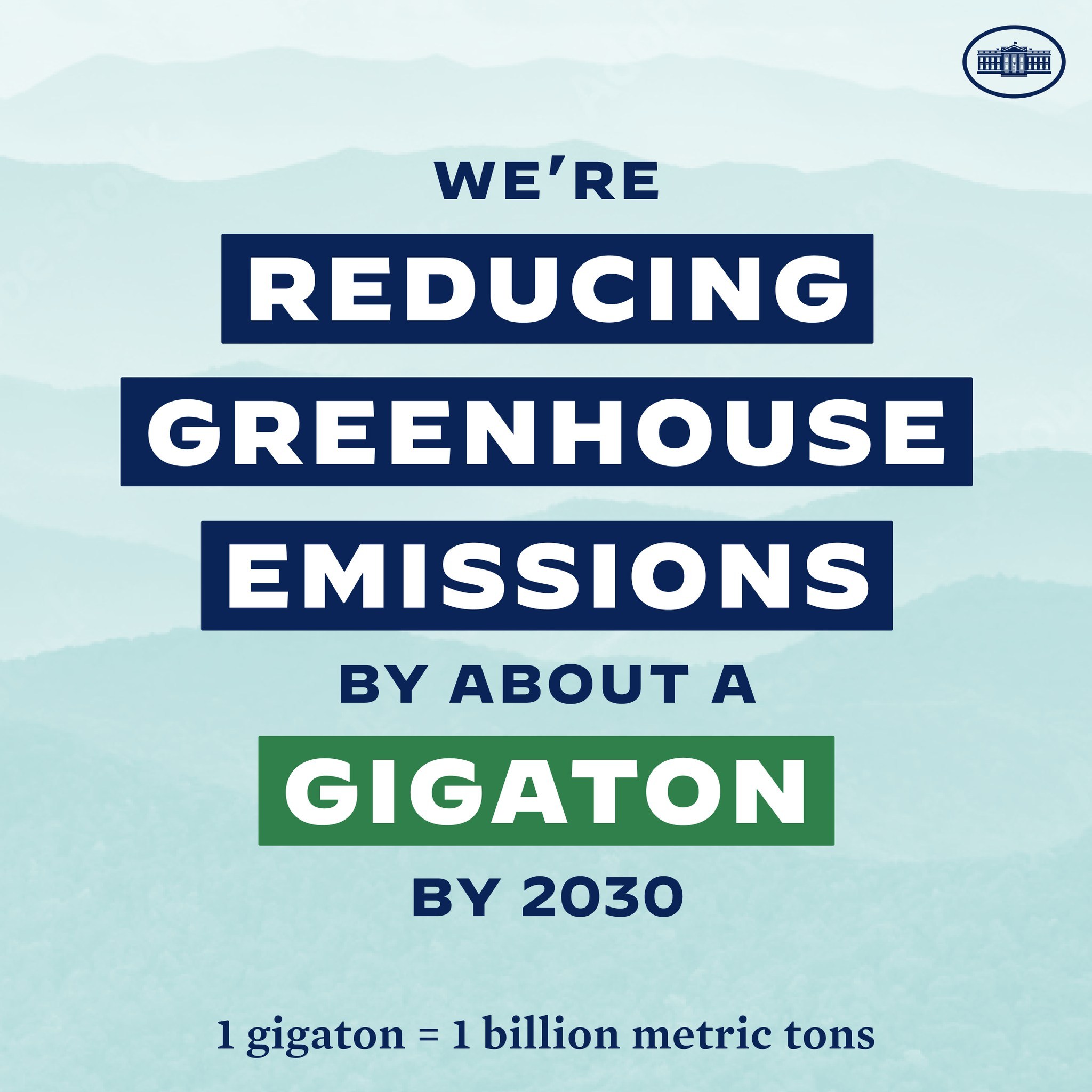 Plakat mit der Aufschrift "Wir reduzieren die Treibhausgasemissionen bis 2030 um etwa eine Gigatonne" mit einem Logo, das die Reduzierung der Treibhausgasemissionen bis 2030 fordert.