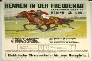 Plakat, das ein Pferderennen in Deutschland ankündigt, mit zwei Reitern auf Pferden vor einem Wald und Text mit Renninformationen.