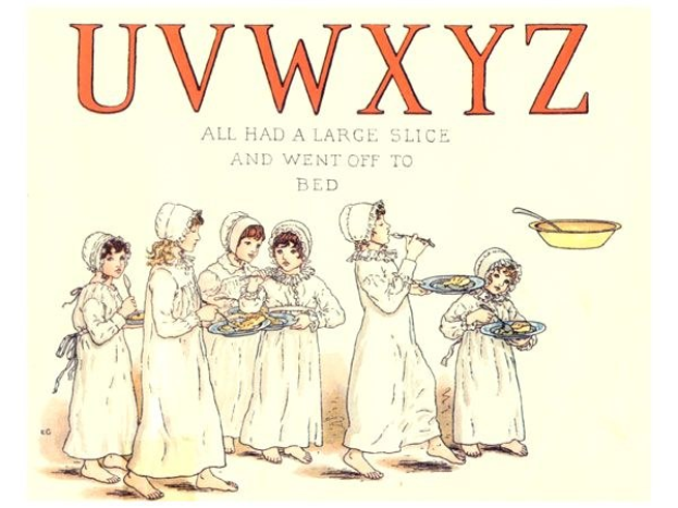 Gruppe von Menschen mit Tellern mit Essen, einer Schüssel und Löffel auf der rechten Seite, mit Text oben lesbar "Uwxyz - Alle hatten einen großen Bissen und gingen ins Bett."