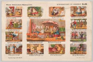 Ein abgenutztes Buch mit illustrierten Szenen von Kindern, die im sonnigen Garten mit Bäumen und Sträuchern spielen.