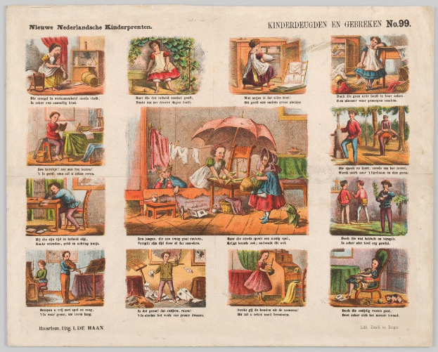 Ein abgenutztes Buch mit illustrierten Szenen von Kindern, die im sonnigen Garten mit Bäumen und Sträuchern spielen.