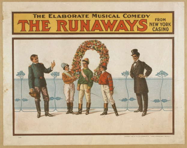 Plakat für "Elaborate Musical Comedy Runaways" aus dem New Yorker Casino, das eine Reihe von Menschen mit einer zentralen Figur zeigt, die einen Strauß hält und Text, der die Show beschreibt.