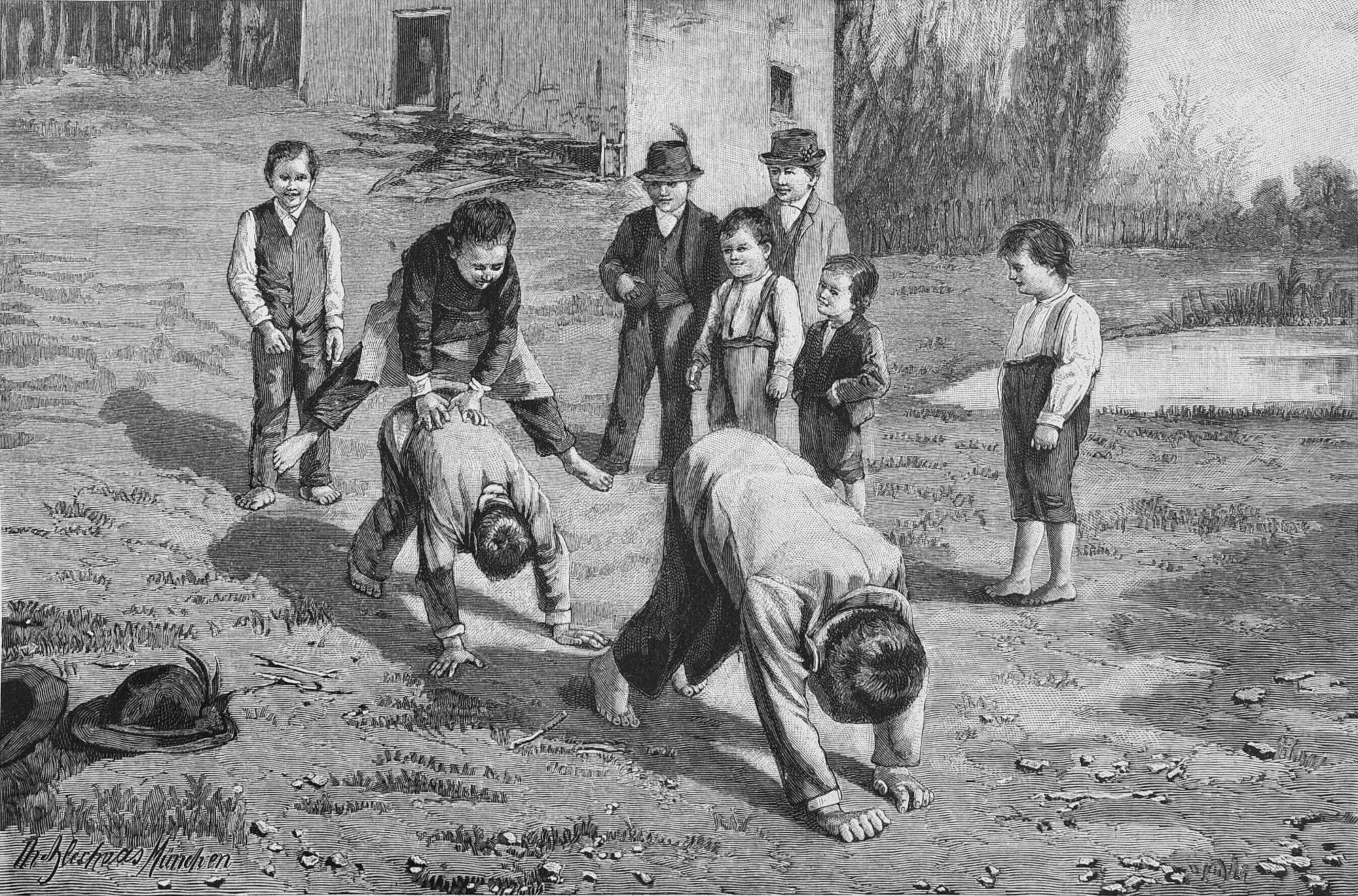 Schwarz-weißes Bild von Kindern auf einem Feld, mit zwei kämpfenden Jungen in der Mitte und anderen Zuschauern, einem Hut und Text links.