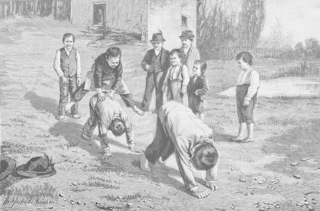 Schwarz-weißes Bild von Kindern auf einem Feld, mit zwei kämpfenden Jungen in der Mitte und anderen Zuschauern, einem Hut und Text links.