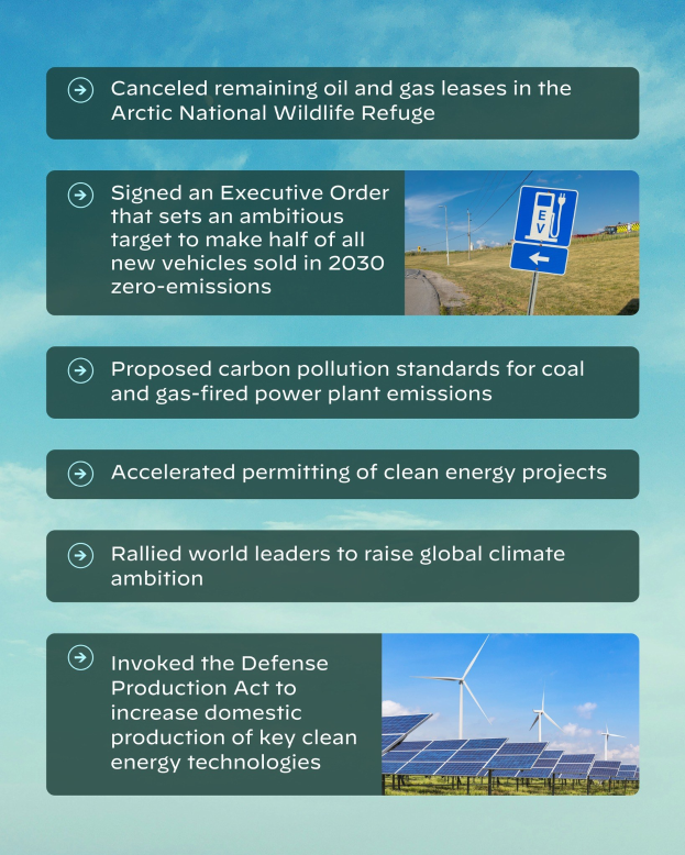 Plakat mit dem Text "Verbleibende Öl- und Gasförderlizenzen im Arctic National Wildlife Refuge gestrichen" mit Bildern von Solarpanelen und Windrädern vor einem bewölkten Himmel.