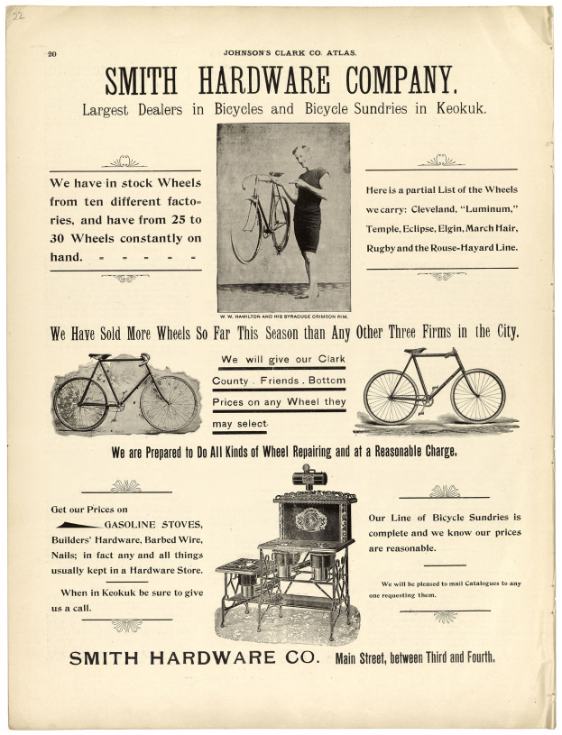 Werbung für Smith Hardware Co. mit einer Person, die ein Fahrrad mit einem Rad in den Vordergrund hält, und Text, der die Produkte und Dienstleistungen des Unternehmens beschreibt.