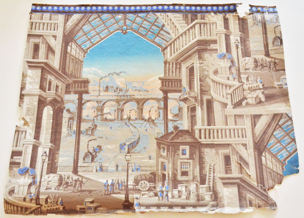 Mural auf einer Gebäudewand, das eine belebte Stadtkulisse mit Menschen, Gebäuden, Straßenelementen, einer Brücke, Hügeln und Wolken zeigt.