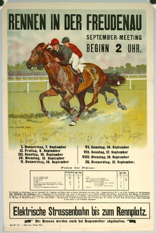 Plakat, das ein Pferderennen in Deutschland ankündigt, mit zwei Reitern auf Pferden im Vordergrund und Bäumen im Hintergrund sowie Text mit RennDetails.
