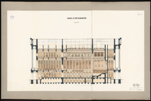 Ein detailliertes Zeichnung eines Eingangs der Einer Musikakademie in Leipzig, das ein Gebäude mit zahlreichen Fenstern und Balkonen zeigt, auf weißem Papier mit Text, vor schwarzem Hintergrund.
