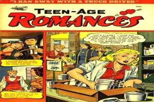 Ein farbenfroher DC-Comics-Plakat titled 'Teen-Age Romances 23-A', das eine Gruppe von Menschen in inniger Umarmung zeigt.
