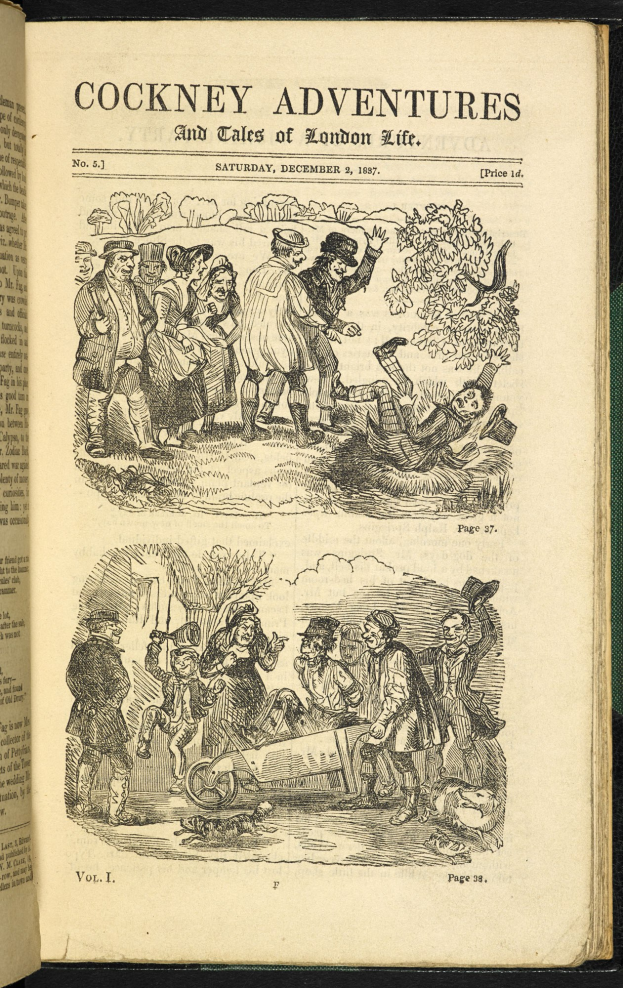 Offenes Buch mit einer Skizze von verschiedenen Menschen auf einer Seite, das auf einer flachen Oberfläche mit sichtbarem Text liegt.