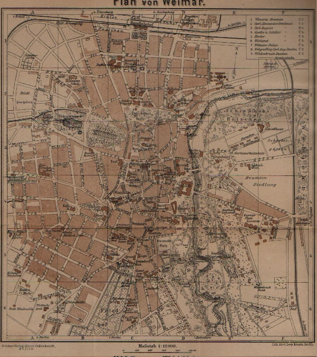 Alte Karte von Weimar, Deutschland, zeigt Straßen, Gebäude und Sehenswürdigkeiten mit Text oben und unten.