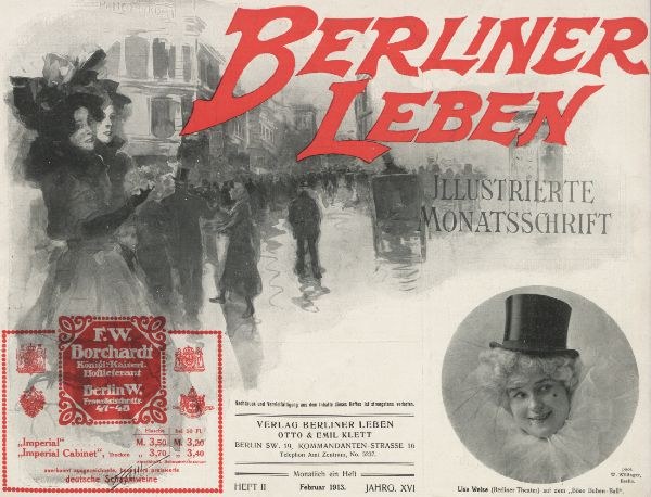 Werbung für das Berliner Leben Theater mit einer Frau in einem Zylinder und einem Mann in einem Anzug, mit Text, einem Stempel, Menschen und Gebäuden im Hintergrund.