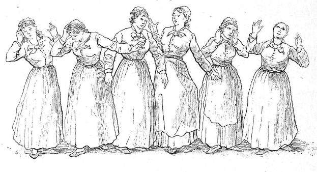 Schwarze und weiße Illustration von Frauen in gemusterten, wallenden Kleidern, die in einer Reihe stehen, mit "Frauenwahlrecht" oben und Text unten.