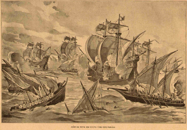 Gruppe von Schiffen segelt auf dem Ozean mit Rauch aus ihren Schornsteinen, mit Text unten auf dem Bild.