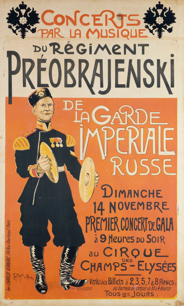 Ein Plakat, das ein Konzert für den Kaiser von Russland ankündigt, zeigt einen Mann in der Mitte mit einem Musikinstrument und Text mit Informationen zum Event.