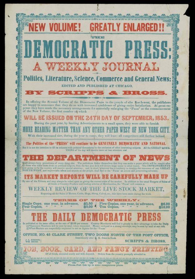 Zeitung mit dem Text "Demokratische Presse: Eine Wochenzeitung" auf schwarzem Hintergrund.