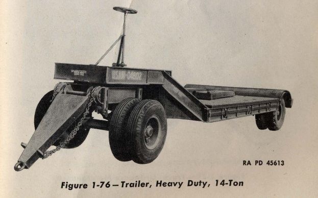 Schwarzes und weißes Foto eines Schwerlastanhängers mit einer Tragfähigkeit von 14 Tonnen, das unten einen Text mit zusätzlichen Informationen enthält.