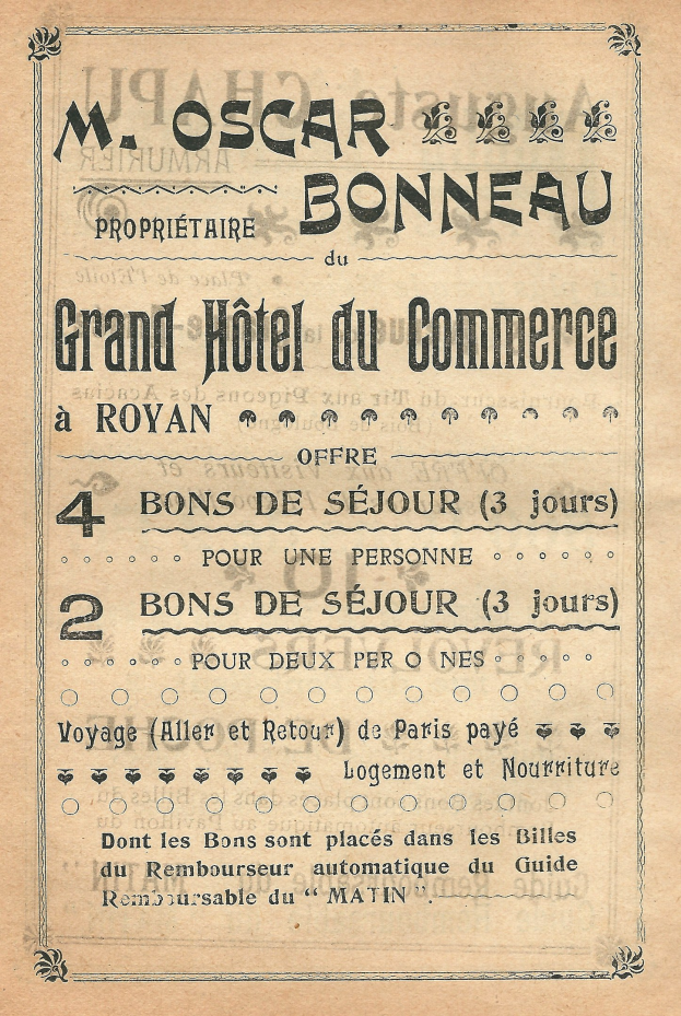 Anzeige für das Grand Hotel du Commerce in Paris mit Texten, die die Angebote des Hotels bewerben.