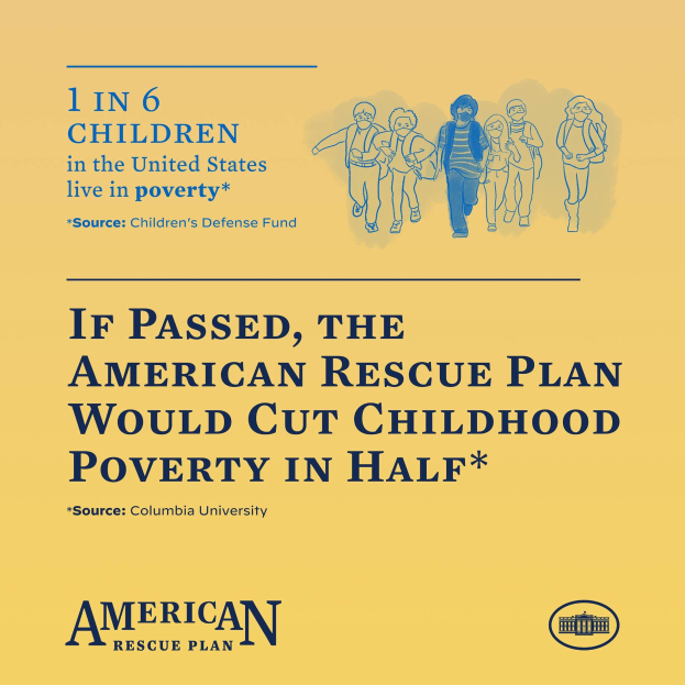 Plakat für den American Rescue Plan zur Reduzierung von Kinderarmut in den USA, mit Text und einer Gruppe von Menschen.