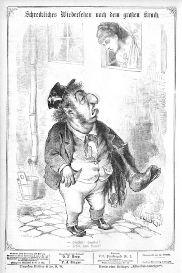 Cartoon-Illustration eines Mannes mit Zylinder und einer Frau in einem Kleid, mit einer Wand, einem Fenster, einem Eimer und anderen Gegenständen im Hintergrund und einem Text unten, der lautet "F. J. Singer, der erste deutsche Politiker, der in den Kongress gewählt wurde."