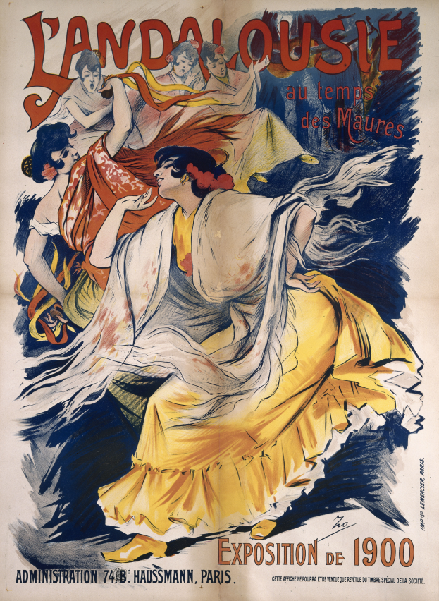 Ein Plakat, das die Landalousie-Ausstellung auf der Weltausstellung 1900 in Paris ankündigt, zeigt eine Frau in gelbem Kleid zusammen mit anderen Menschen und Text.