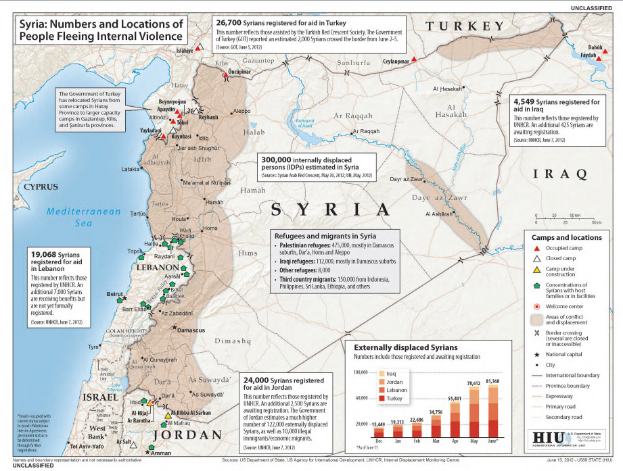 Ein Plakat mit einer Karte von Syrien, das die Anzahl der Menschen hervorhebt, die vor innerer Gewalt fliehen, begleitet von Text und Graphiken, die weitere Informationen bereitstellen.