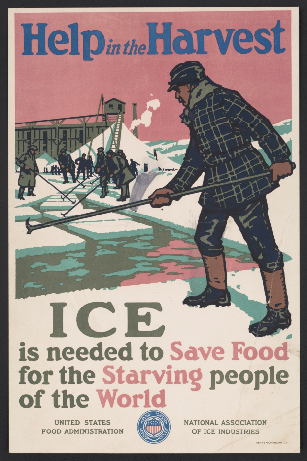 Plakat mit einer Person in einem weißen Hemd und blauen Jeans, die in einem verschneiten Feld unter einem hellblauen Himmel steht, mit fetter schwarzer Schrift, die "Hilfe bei der Ernte - Eis wird benötigt, um Lebensmittel für die hungernden Menschen der Welt zu retten."