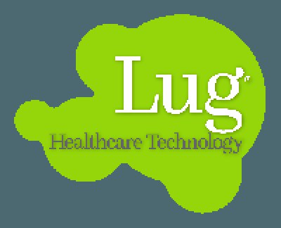 Logo von Lug Healthcare Technology mit fettem schwarzen Text in der Mitte eines weißen Hintergrunds, umgeben von einem blauen Kreis mit weißer Umrandung.