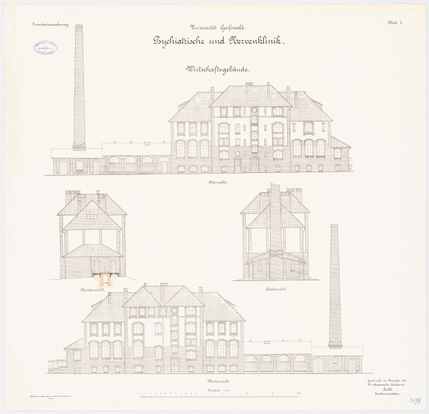 Eine Zeichnung eines mehrfenstrigen Gebäudes mit einem Schornstein, das mutmaßlich ein Psychiatriekrankenhaus in Deutschland ist, mit Text für weitere Informationen.