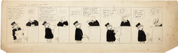 Cartoon eines Mannes in Zylinder und einer Frau in einem Kleid in einer Diskussion, wobei der Mann ein Blatt Papier hält.