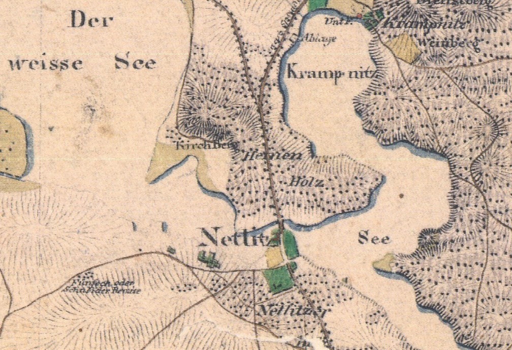 Detailierte alte Karte von Nettlitz, Deutschland, zeigt Straßen, Gebäude und Sehenswürdigkeiten mit begleitendem Text.