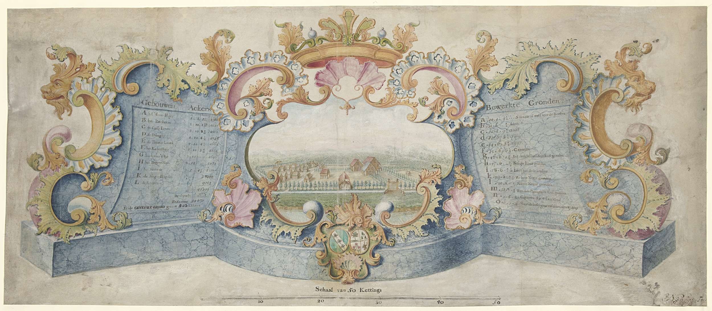 Komplexe Wandgestaltung mit detaillierter Stadtansicht von einem Gebäude aus, mit bunten Formen und dekorativem Text.