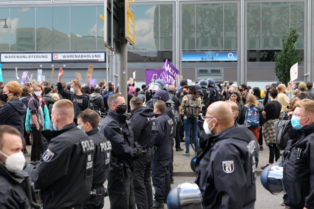 Große Menschenmenge protestiert vor einem Gebäude, einige halten Schilder und tragen Helme, mit einem Schildpfahl im Vordergrund und einem Baum im Hintergrund.