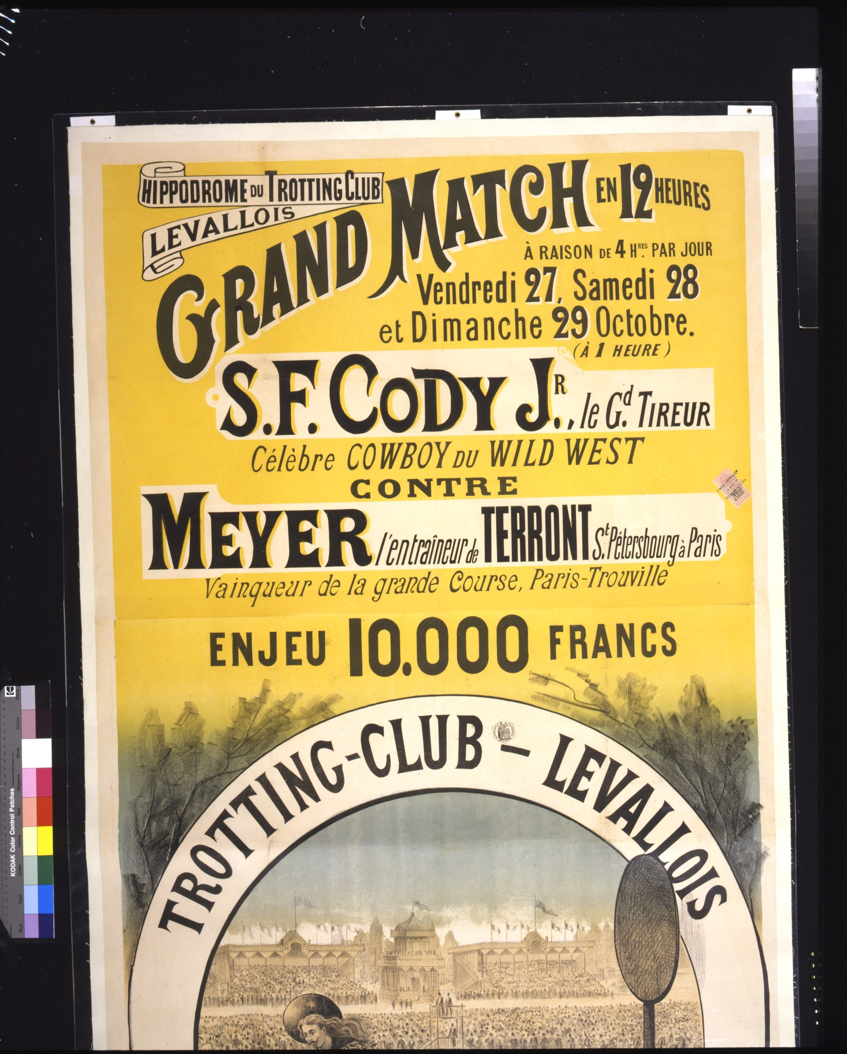 Alter Plakatwerbung für ein großes Match zwischen S.F. Cody und Meyer mit Textbeschreibung.
