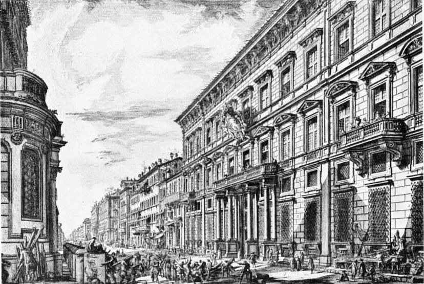 Schwarz-weiß-Zeichnung einer belebten Stadtstraße mit Fußgängern, Gebäuden, Säulen und Skulpturen unter einem bewölkten Himmel, mit Text am unteren Rand, der New York-bezogene Begriffe auflistet.