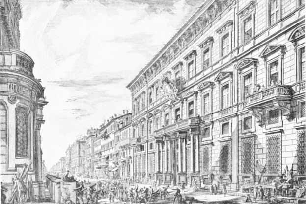 Schwarz-weiß-Zeichnung einer belebten Stadtstraße mit Fußgängern, Gebäuden, Säulen und Skulpturen unter einem bewölkten Himmel, mit Text am unteren Rand, der New York-bezogene Begriffe auflistet.