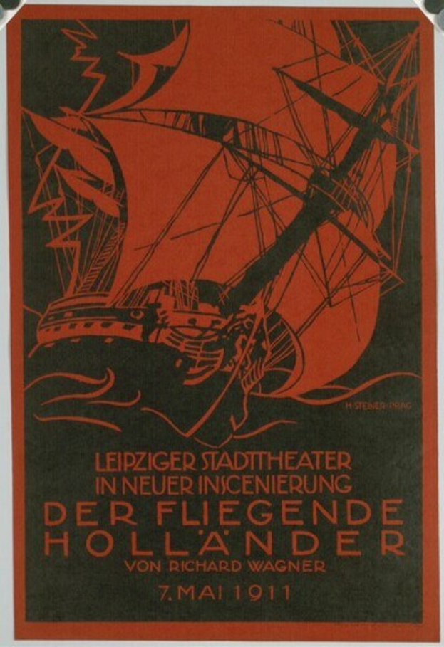 Ein Vintage-Konzertplakat für das Leipzig Stadt Theater in New Orleans, Louisiana, datiert 1911, mit einer Illustration eines Schiffs und Veranstaltungseinzelheiten.